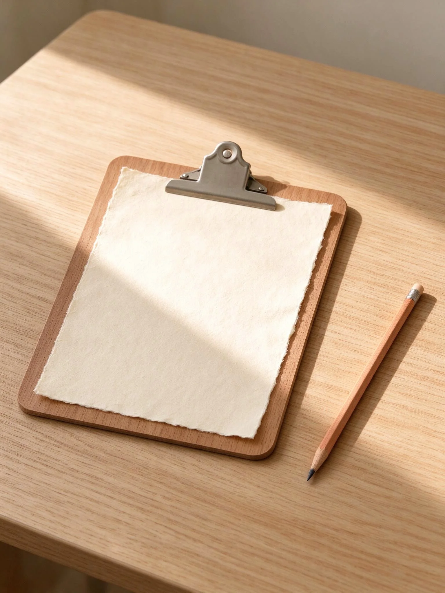 Klemmbrett mit Notizpapier und Holzstift auf hellem Holztisch