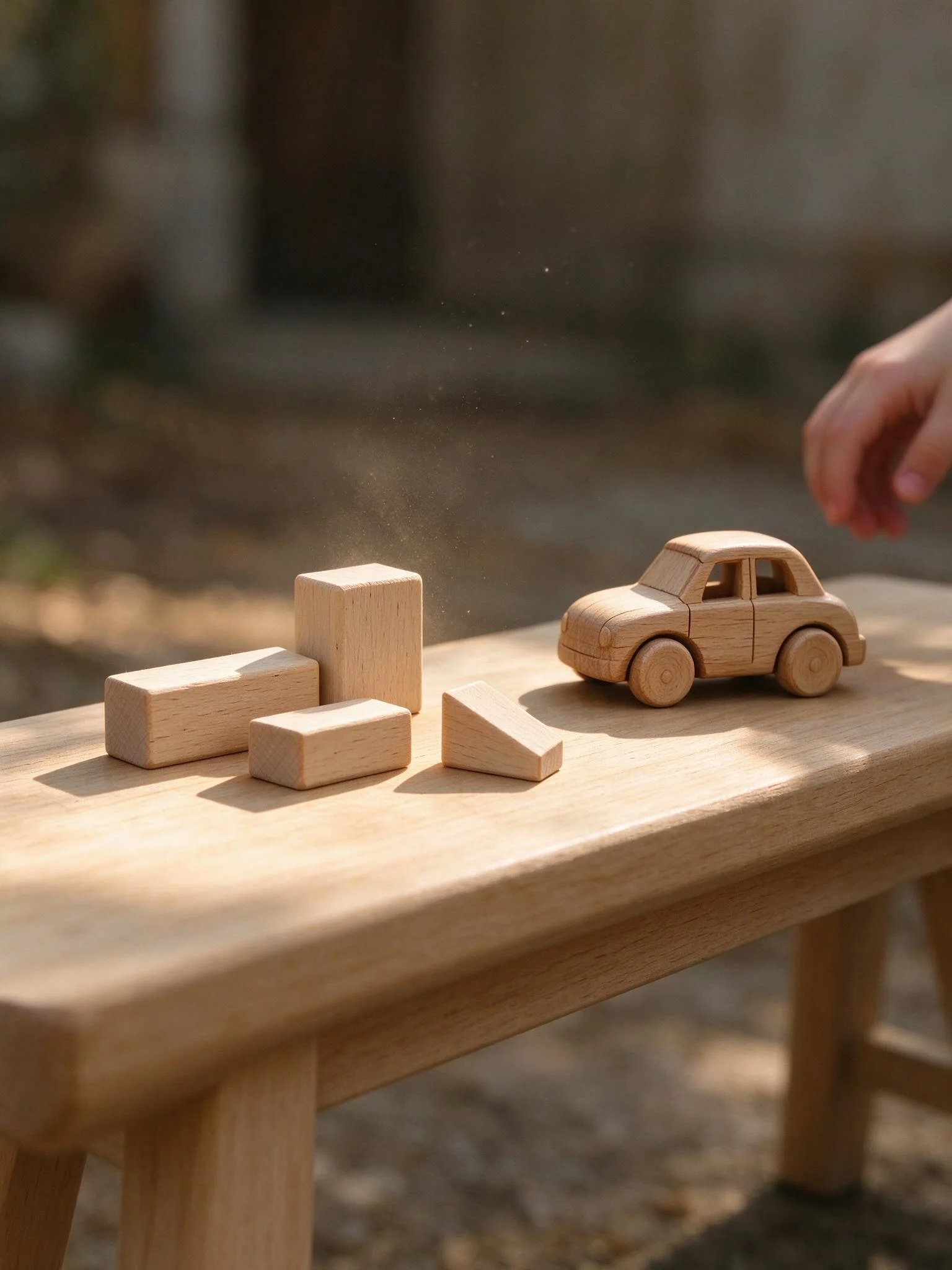 Heller Spiel- und Gruppenraum mit Holztischen und Naturmaterialien