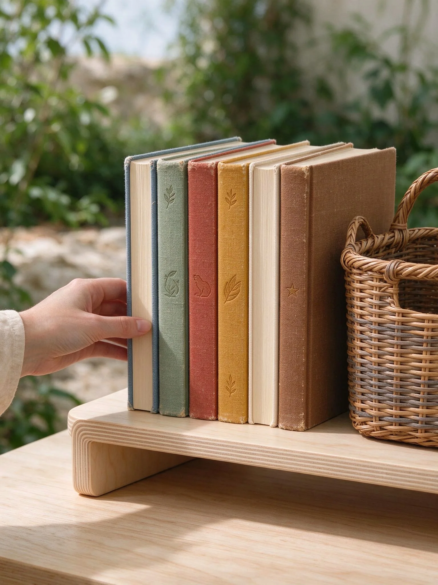 Warme Leseecke mit Bilderbüchern auf einem niedrigen Holzregal