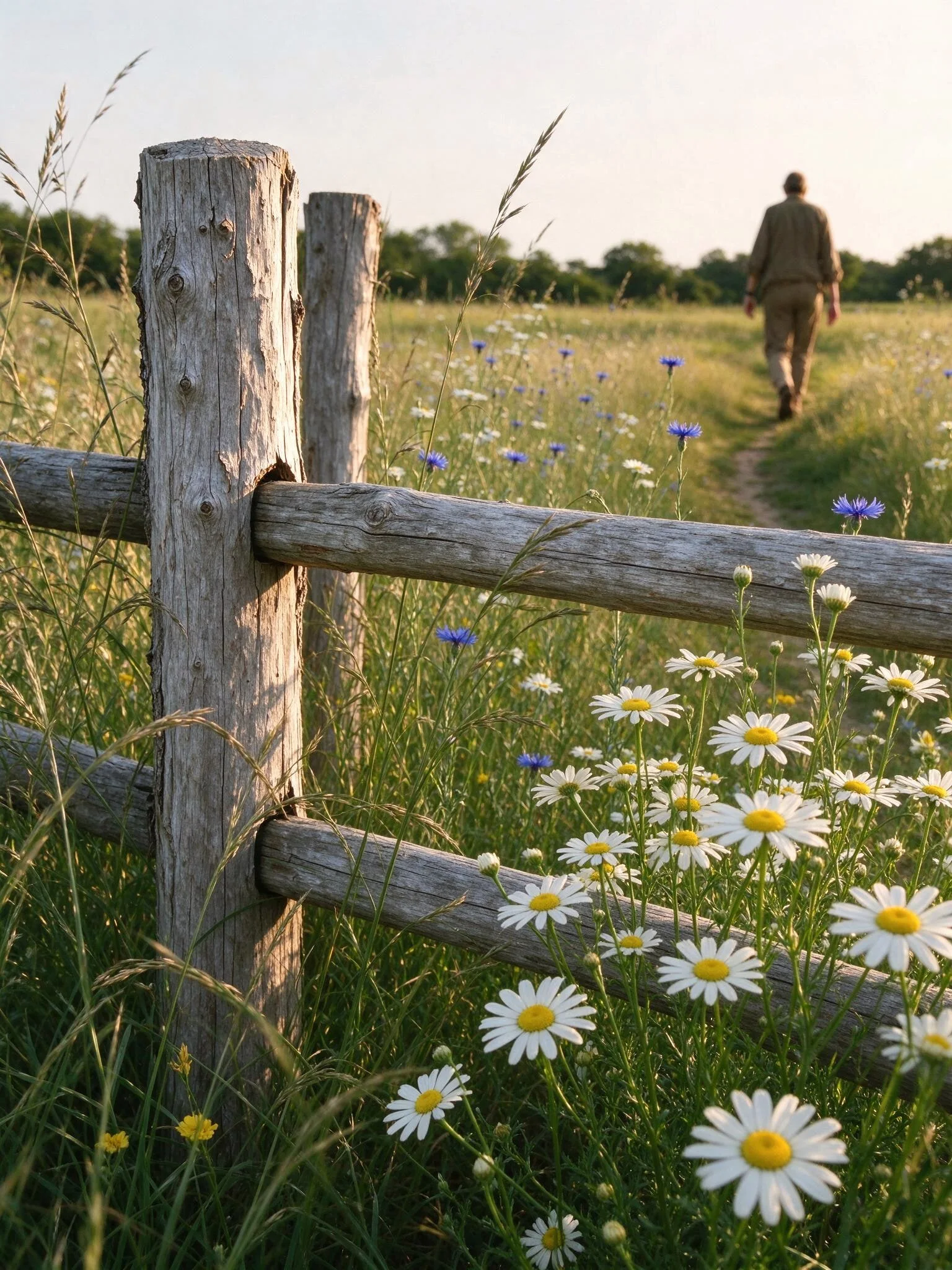 Sonniger Garten mit Holzzaun und grünem Spielrasen