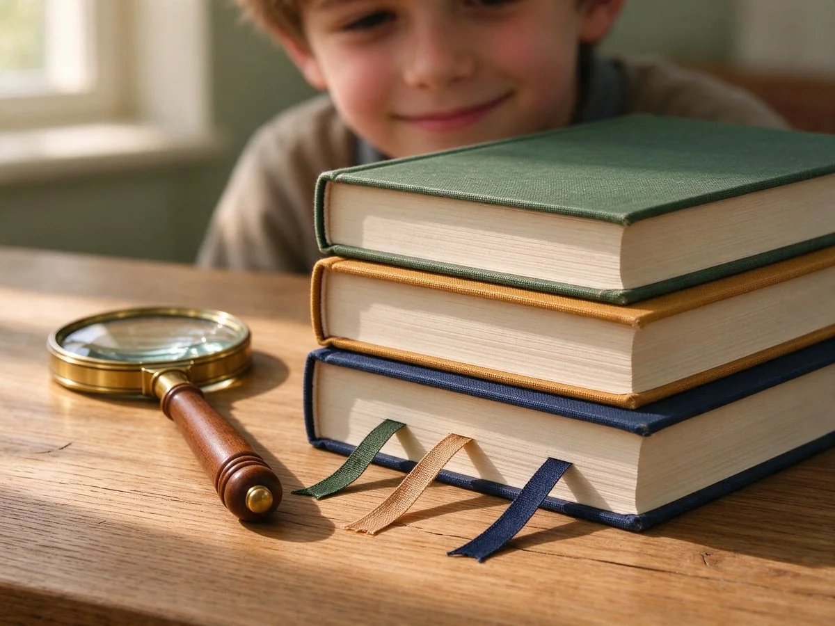 Holzregal mit spannenden Kinder- und Sachbüchern