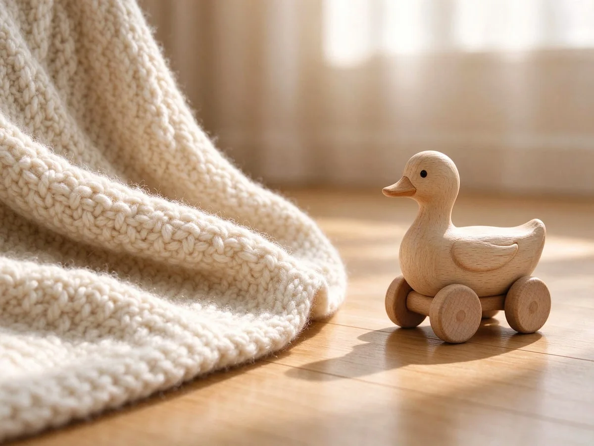 Weiches Kuscheltuch aus Leinen und Holzrassel auf Holzfläche