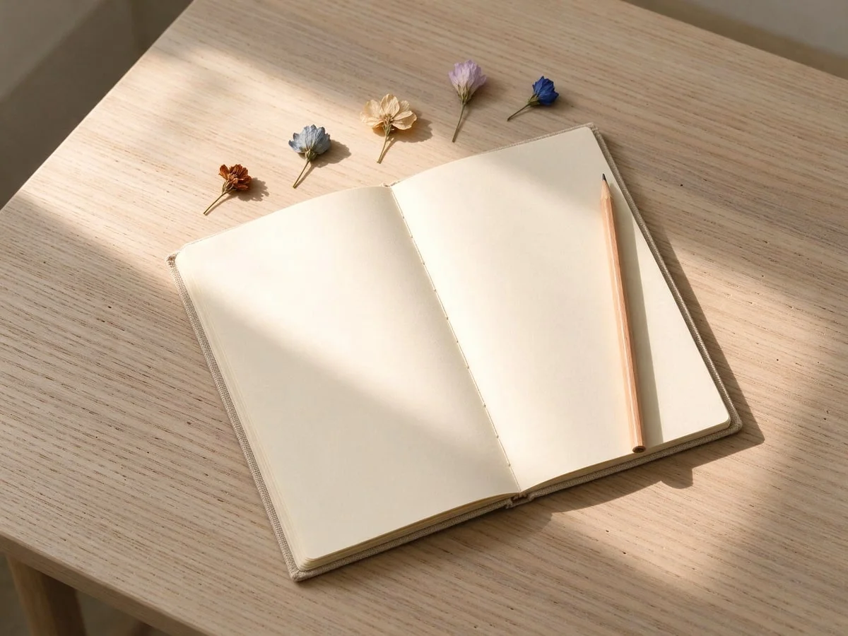 Aufgeschlagenes Notizbuch mit Holzstift und getrockneten Blüten