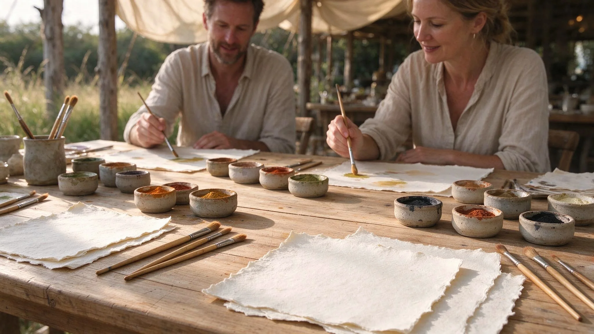Warme Atelierstimmung mit Pinseln, Aquarellfarben und Naturpapieren