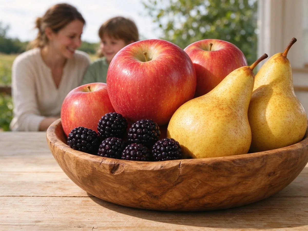 Frisches Obst und gesundes Gemüse liebevoll angerichtet