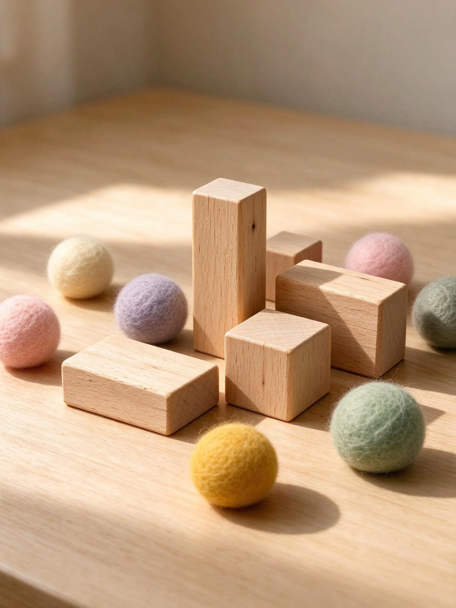Natürliche Holzbausteine und weiche Filzkugeln auf einem hellen Holztisch